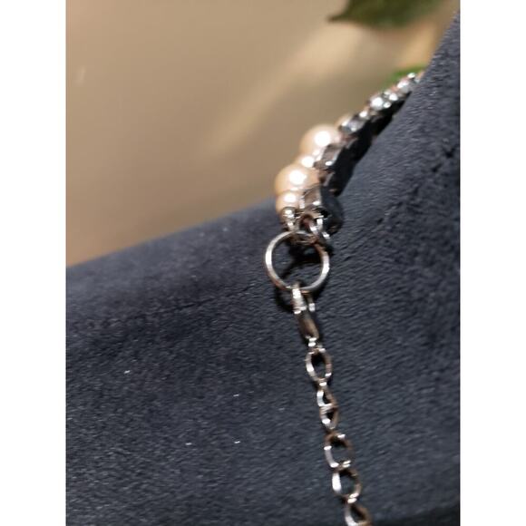 Womens 2 Strand Faux Pearl Rhinestone Trim Bling Chain Necklace w/ Spring Clasp - Picture 6 of 6